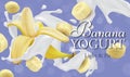 A splash of yogurt with whole and slices of banana.